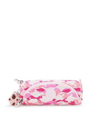 Astuccio rosa con un motivo di montagne e palme. Realizzato in tessuto con una finitura texturizzata, presenta una chiusura con zip e un ciondolo.