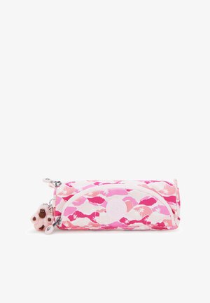 Astuccio rosa con un motivo di montagne e palme. Realizzato in tessuto con una finitura texturizzata, presenta una chiusura con zip e un ciondolo.