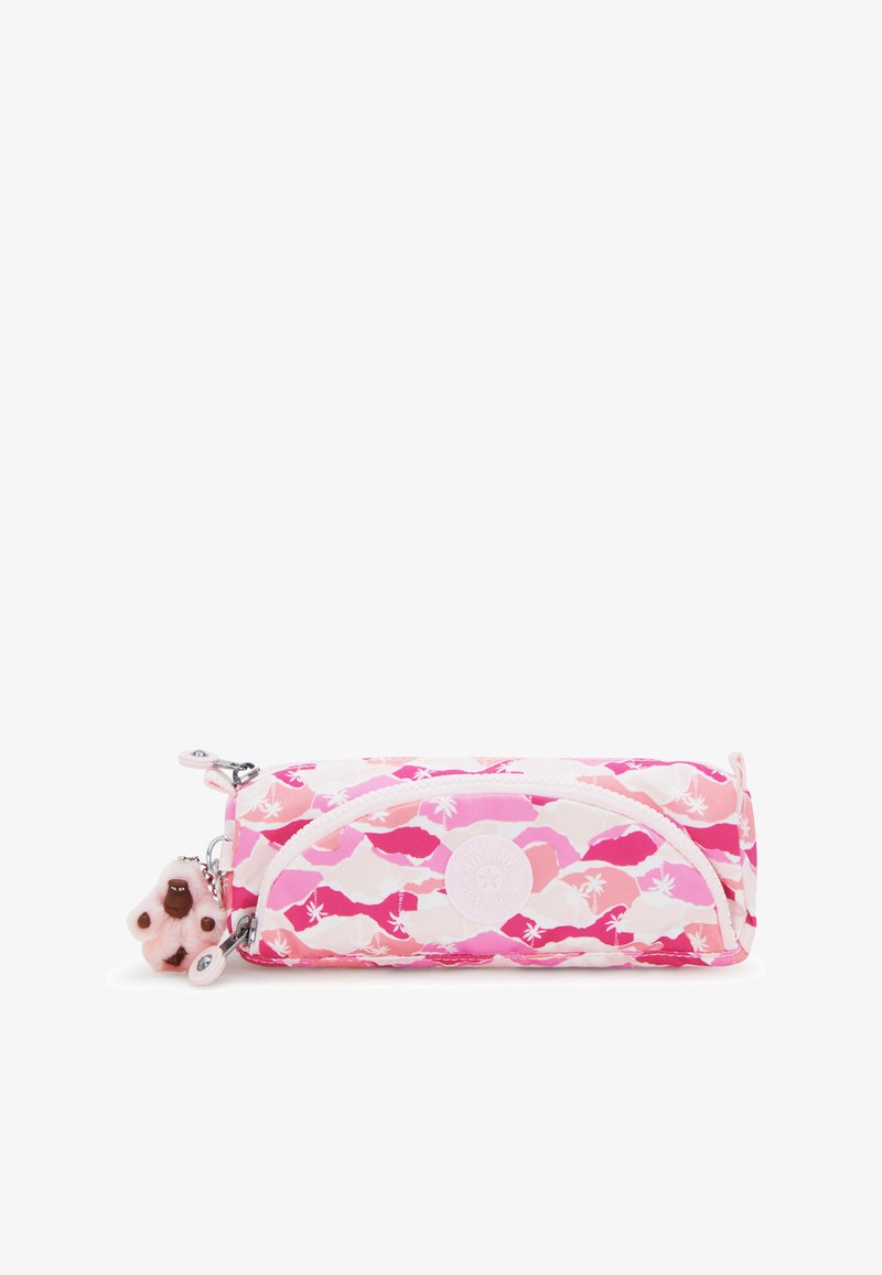 Roze etui met een patroon van bergen en palm bomen. Gemaakt van stof met een текстuur afwerking, met een ritssluiting en een bedeltje.