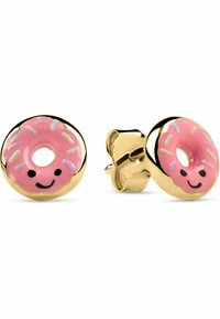 Guldpläterade studsörhängen formade som rosa doughnuts med vit glasyr och färgglada strössel, med ett leende ansiktsdesign.
