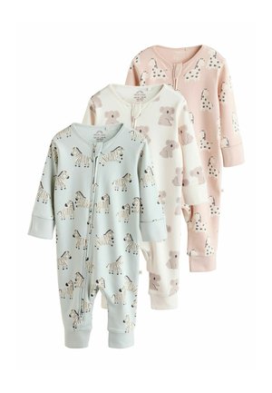 Drei Kinder-Overalls in Pastellfarben. Die Muster zeigen Zebras, Koalas und Giraffen. Aus weichem Stoff mit langen Ärmeln und Bündchen.