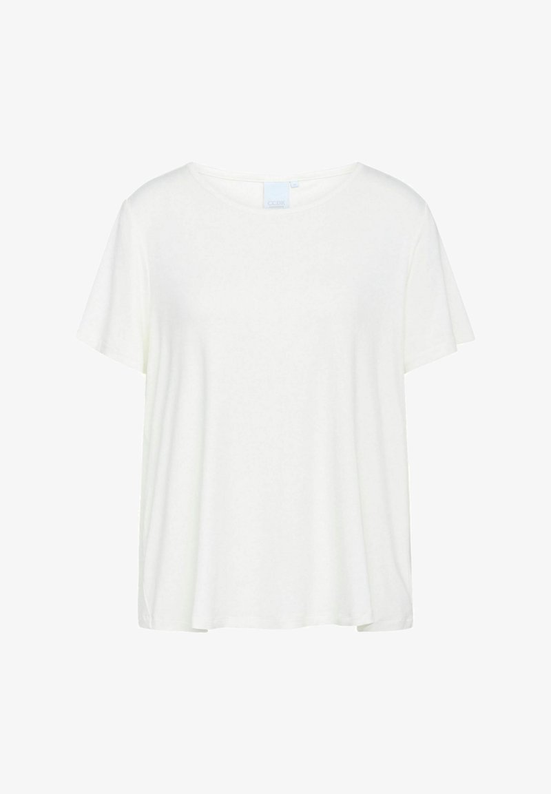 T-shirt bianco a maniche corte con scollo rotondo, realizzato in tessuto morbido, caratterizzato da una vestibilità rilassata e privo di motivi o dettagli visibili.