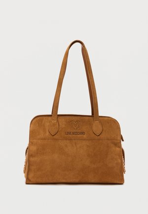 Brown suede Love Moschino handbag with two handles and a zip closure, featuring a stitched logo on the front.