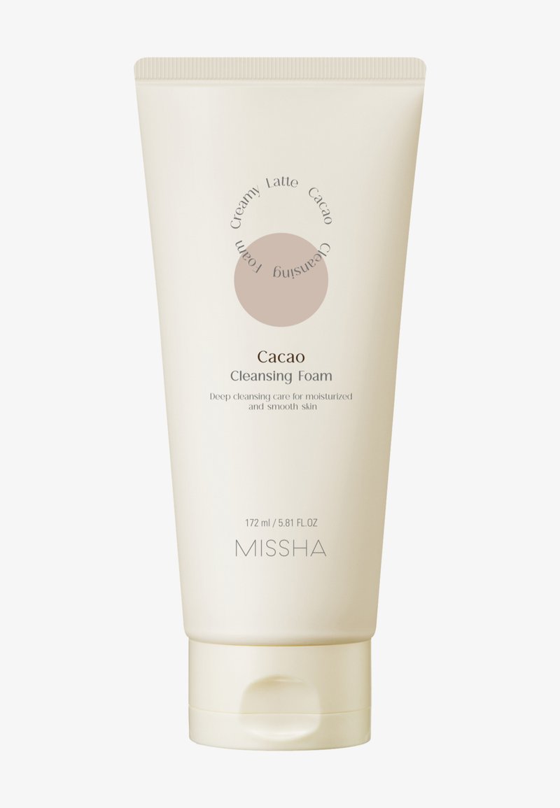 Tube de couleur crème de MISSHA Cacao Cleansing Foam, 172 ml, étiqueté pour une hydratation en profondeur et un soin de la peau lisse.