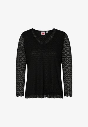 Schwarzes Spitzenoberteil mit langen Ärmeln, V-Ausschnitt, strukturiertem Diamantmuster und gewellten Saum. Mit einem Logopatch am Kragen.