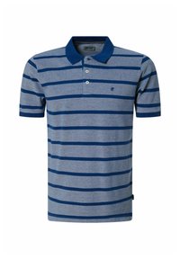 Blauw en lichtgrijs gestreepte polo met een effen blauwe kraag, een drieknops sluiting, korte mouwen en een klein logo op de borst.