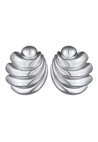 Silberfarbene Salz- und Pfefferstreuer in Form stilisierter Muscheln, mit glatten, geschwungenen Linien und einem polierten Metallfinish.