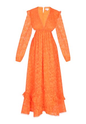 Orange long-sleeve dress in sheer fabric with a floral pattern, deep V-neck, elastic waist, and ruffled hem detail.