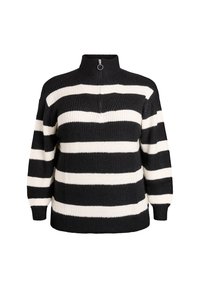 Gestreifter Strickpullover in Schwarz und Weiß mit hohem Kragen und Reißverschlussdetail. Bietet einen lockeren Sitz und einen strukturierten Stoff mit breiten Streifen.