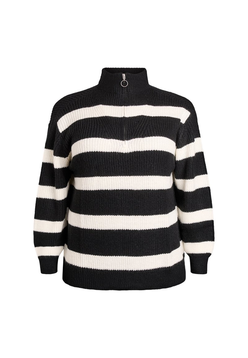 Gestreifter Strickpullover in Schwarz und Weiß mit hohem Kragen und Reißverschlussdetail. Bietet einen lockeren Sitz und einen strukturierten Stoff mit breiten Streifen.