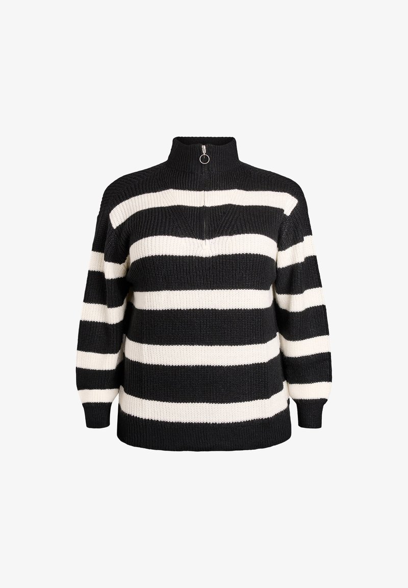 Gestreifter Strickpullover in Schwarz und Weiß mit hohem Kragen und Reißverschlussdetail. Bietet einen lockeren Sitz und einen strukturierten Stoff mit breiten Streifen.