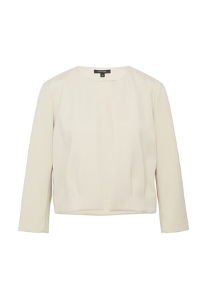 Beige Jacke mit rundem Hals, langen Ärmeln und offenem Design. Mit weichem Stoff und dezenten Falten für zusätzliche Details.