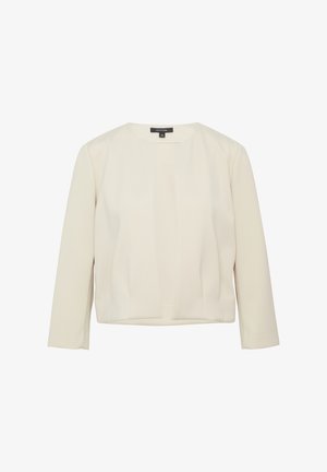 Beige Jacke mit rundem Hals, langen Ärmeln und offenem Design. Mit weichem Stoff und dezenten Falten für zusätzliche Details.