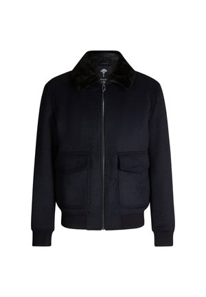 Schwarze Bomberjacke aus Wollmischung mit einer weichen, strukturierten Oberfläche. Verfügt über einen schwarzen Kunstpelzkragen und zwei Fronttaschen mit Reißverschluss.