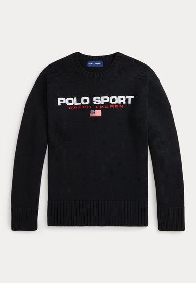 Mustaa neulottua pyöreäkauluspuseroa, jossa on teksti "POLO SPORT Ralph Lauren" ja pieni Yhdysvaltain lippu kirjottuna etupuolella.