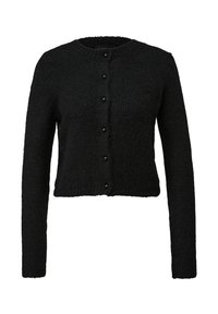Schwarze verkürzte Strickjacke aus strukturiertem Strickstoff, mit Rundhalsausschnitt und sieben vorderen Knöpfen. Lange Ärmel runden das Design ab.