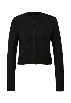 Zwarte cropped cardigan van gestructureerde brei stof, met een ronde hals en zeven knopen aan de voorkant. Lange mouwen maken het ontwerp compleet.