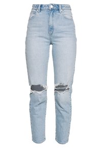 Light blue high-waisted jeans made of denim, featuring two large distressed knee cuts, a classic five-pocket design, and frayed hems.