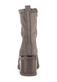 Gray suede ankle boot with a rounded toe, back zipper, and a chunky wooden heel. Features vertical stitching along the sides for added texture.