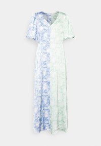 Maxikleid med v-ringning, korta puffärmar och en färgblockdesign med blå och gröna blommönster på svängig tyg.