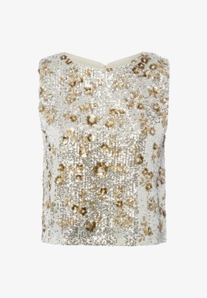 Bluzka z cekinami z srebrnymi i złotymi kwiatowymi zdobieniami, okrągły dekolt oraz zapinanie na haczyk z tyłu. Gładka tekstura tkaniny.