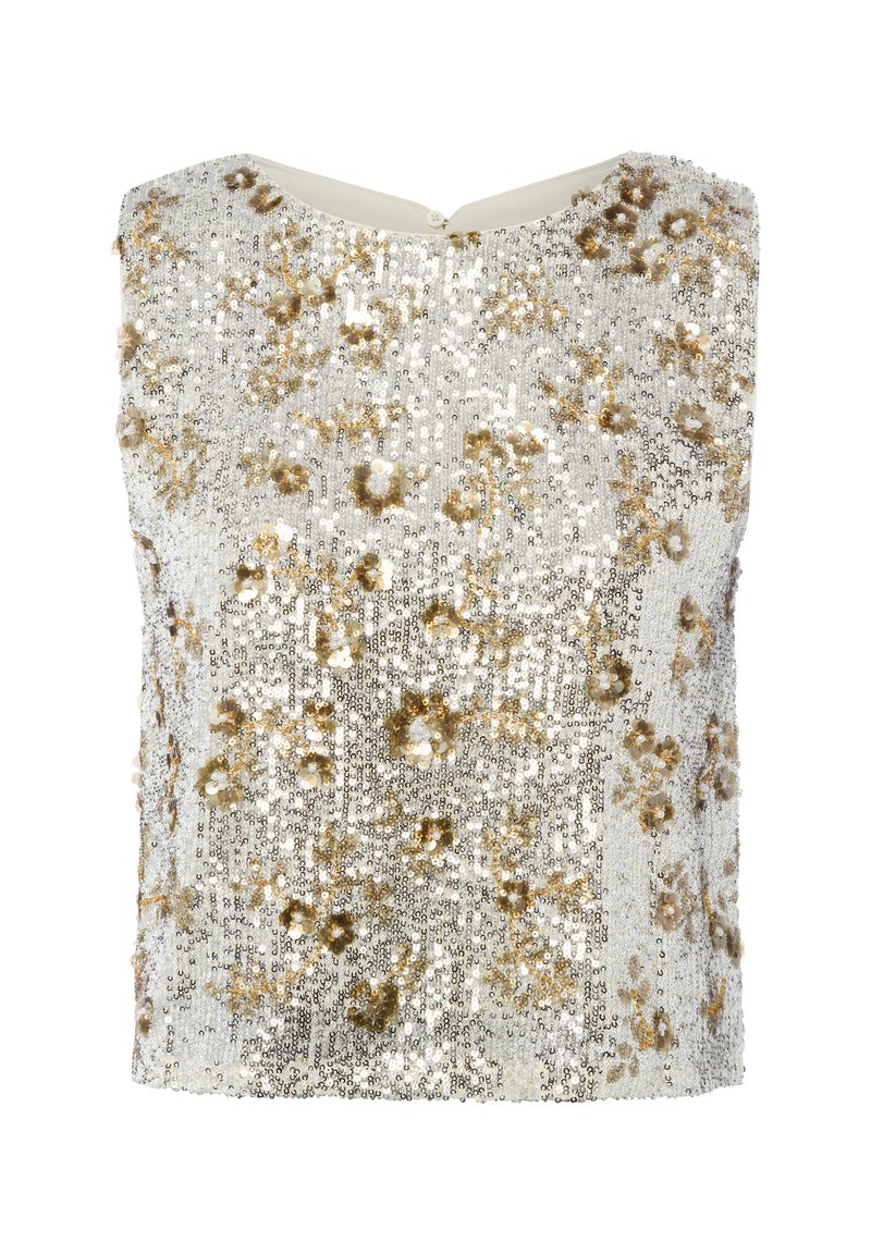 Bluzka z cekinami z srebrnymi i złotymi kwiatowymi zdobieniami, okrągły dekolt oraz zapinanie na haczyk z tyłu. Gładka tekstura tkaniny.