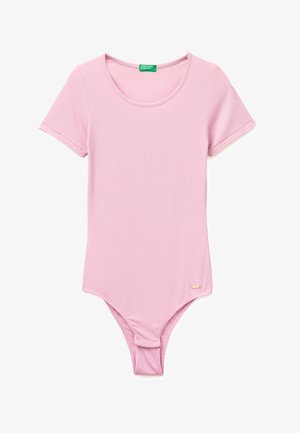 Body rosa chiaro a coste con maniche corte, scollo a barchetta e chiusura a pressione all’altezza dell’inguine, marchiato United Colors of Benetton.