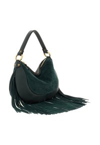 Borsa in pelle scamosciata e pelle verde scuro con hardware dorato, chiusura con zip superiore, manico singolo e lunghe frange decorative lungo i lati e il fondo.