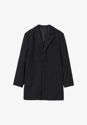 Manteau à carreaux noir et gris avec un col cranté, trois boutons et deux poches avant. Fabriqué en tissu texturé, présentant une coupe cintrée.