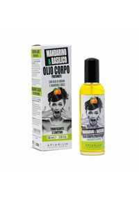 Bottiglia trasparente contenente olio giallo con un tappo nero, con un'etichetta che presenta un'immagine di una donna, colore arancione, e testo su uno sfondo bianco.