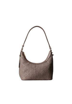 Sac à main épaule marron avec motif géométrique embossé et tirette de fermeture éclair dorée, avec une sangle réglable unique et un bord supérieur incurvé.