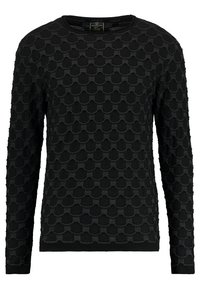 Pull noir à manches longues présentant un design texturé de formes superposées en coquille, col rond, et bord-côte aux poignets et à l'ourlet.