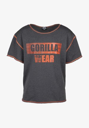 Grijze T-shirt met korte mouwen met opvallende oranje tekst "GORILLA WEAR". Versleten zoom en oranje stiksel. Comfortabele pasvorm.