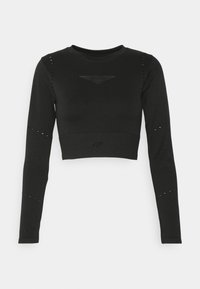 Top corto nero a maniche lunghe realizzato in un tessuto elasticizzato, con scollo rotondo, dettagli perforati e un logo discreto sull'orlo.