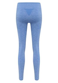 Světlomodré legíny vyrobené z texturovaného, elastického materiálu. Mají bezešvý pas a trojhranný design na zadní straně.