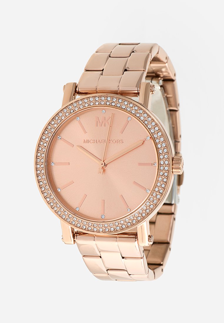 Roségoldene Michael Kors Armbanduhr mit kristallbesetzter Lünette, minimalistischem Ziffernblatt und verknüpftem Metallarmband.
