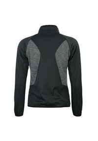 Veste noire avec des panneaux gris texturés sur les épaules et le dos, col haute, et un design ajusté avec un ourlet légèrement élastiqué.