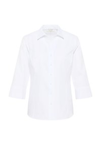 Camicia bianca con colletto classico, maniche a tre quarti e placca frontale con bottoni abbinati; tessuto liscio e strutturato.