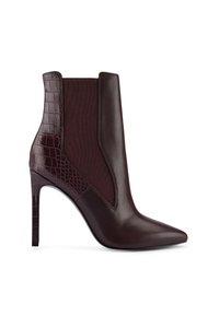 Burgundy ankle boot with a pointed toe, smooth leather and croc-embossed accents, elastic side panels, and a high stiletto heel.