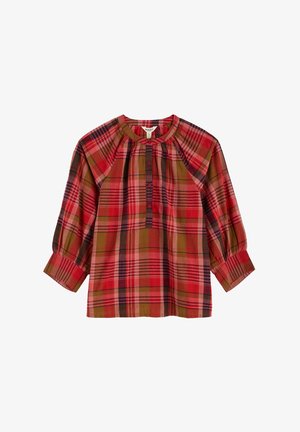 Punane ruuduline särk, millel on kolmeveerandiline varrukas, ümar kaelus, nupuvajutusega esiosa ja kogumise detailid. Kangas sisaldab erinevaid roheline, punase ja pruuni mustreid.