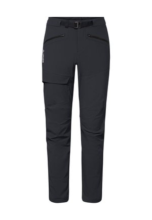 Pantaloni da trekking neri con cintura regolabile, due tasche frontali con zip, una tasca a soffietto sulla coscia e logo Vaude sulla coscia sinistra.