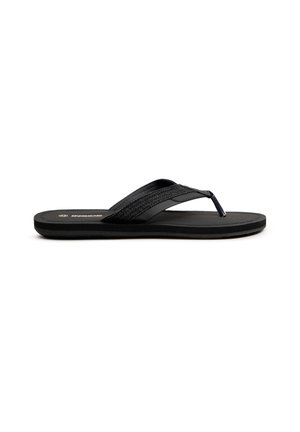 Chanclas negras de dedo con una correa texturizada, suela plana y diseño minimalista. Fabricadas con materiales sintéticos para mayor comodidad y durabilidad.