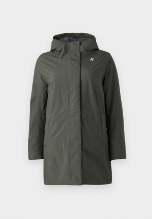 Olive green parka jacket with a hood, front zipper, two side pockets, and a logo on the chest. Smooth, lightweight fabric with a matte finish.