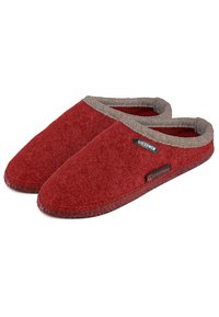 Rode wollen slippers met een zachte grijze voering en een afgerond ontwerp. Bevat een zwart logo-label en een getextureerde rubberen zool voor grip.
