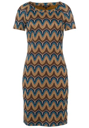 Form-fitting short-sleeve dress with round neckline, featuring a multicolor zigzag pattern in brown, blue, beige, and black shades.