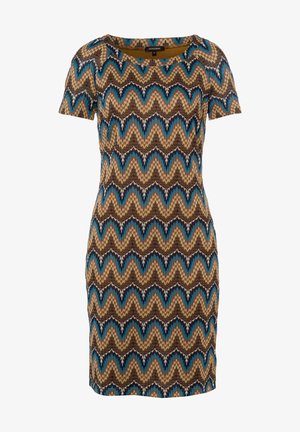 Form-fitting short-sleeve dress with round neckline, featuring a multicolor zigzag pattern in brown, blue, beige, and black shades.