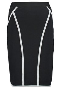 Černá tužková sukně s b ílým lemováním podél švů, zdobená přiléhavým střihem a elastickým pasem. Hladký materiál, délka ke kolenům.