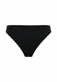 Bas de bikini noir en tissu lisse et extensible. Présente une taille basse et des détails de couture le long des bords.