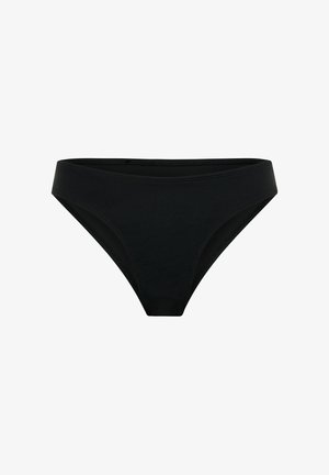 Schwarze Bikini-Höschen aus glattem, dehnbarem Material. Mit einem niedrigen Bund und Nahtdetails entlang der Kanten.