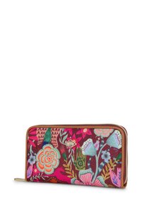Bordeaux portemonnee met bloemmotief van stof, voorzien van een gouden rits, met levendige bloemen in roze, blauw en groen. Logo-label zichtbaar.